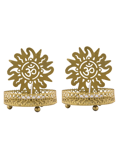 Set of 2 Shadow Metal Tea Light Holder, Brass finish Puja Diwali candle Holder with Free Wax diya