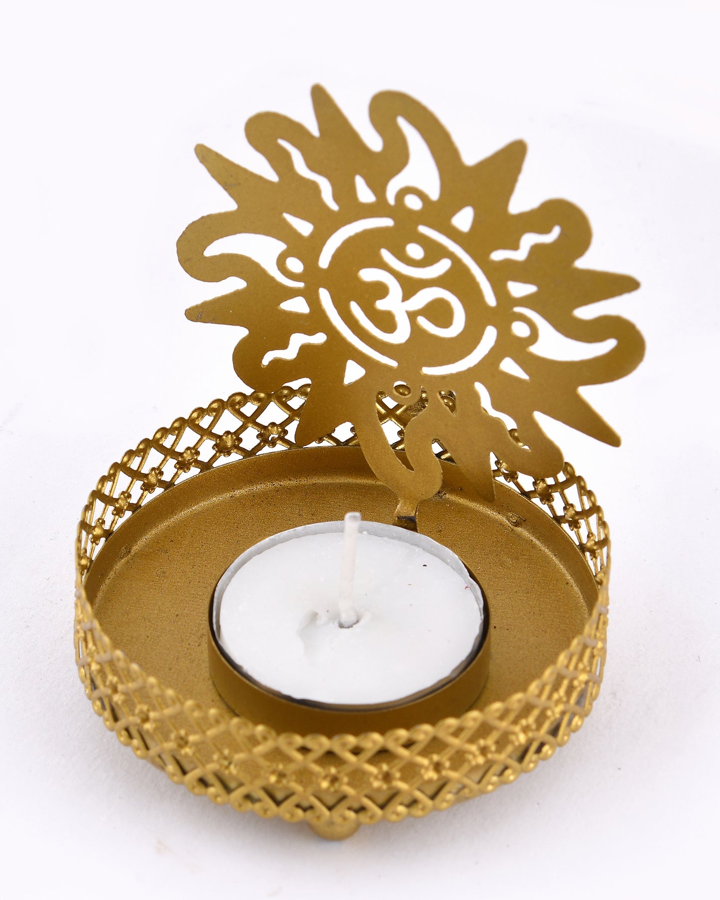 Set of 2 Shadow Metal Tea Light Holder, Brass finish Puja Diwali candle Holder with Free Wax diya