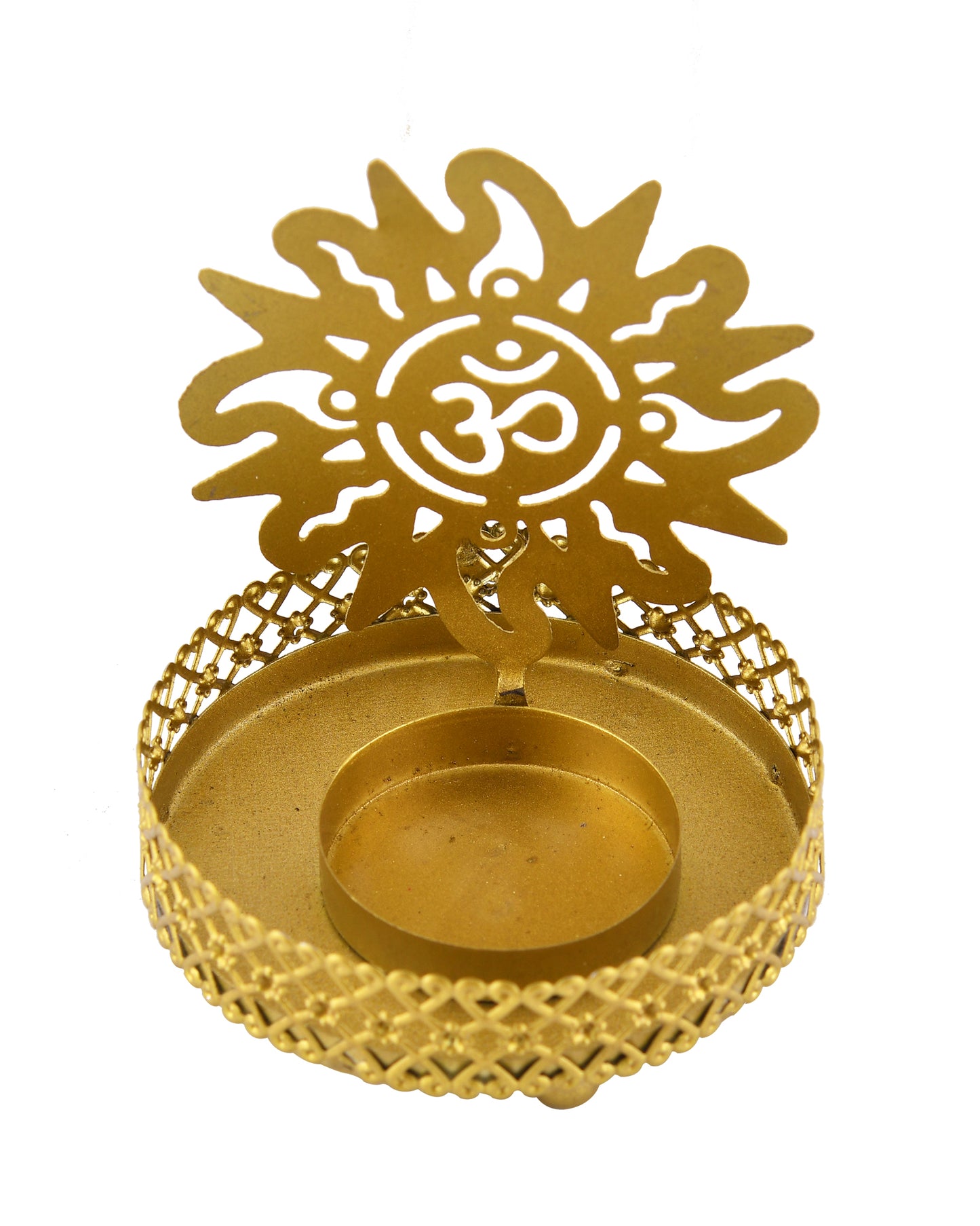 Set of 2 Shadow Metal Tea Light Holder, Brass finish Puja Diwali candle Holder with Free Wax diya
