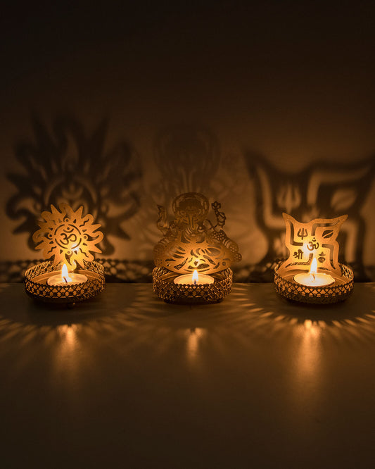 Set of 3 Shadow Ganesh Sathiya Om Metal Tea Light Holder, Brass finish Pooja Diwali Candle Holder with Free Wax diya