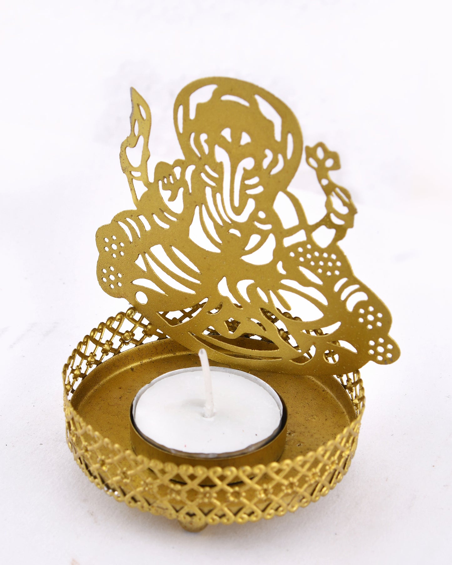 Set of 3 Shadow Ganesh Sathiya Om Metal Tea Light Holder, Brass finish Pooja Diwali Candle Holder with Free Wax diya