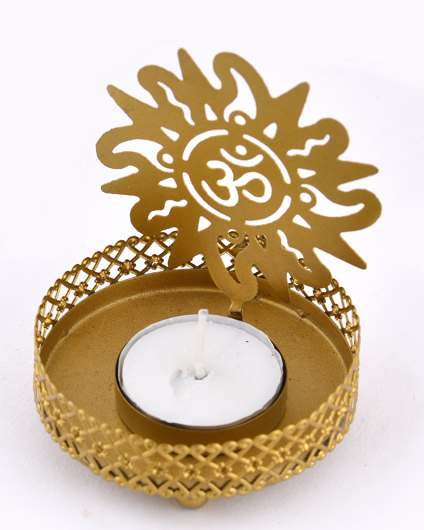 Set of 3 Shadow Ganesh Sathiya Om Metal Tea Light Holder, Brass finish Pooja Diwali Candle Holder with Free Wax diya