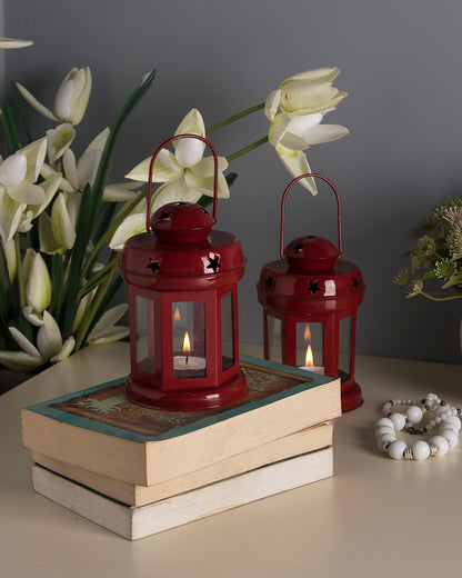 Vela Lanterns Set Of 2 Hanging Star Candle Lanterns - Red Glass, 9.5" Wide, 13" Chain
