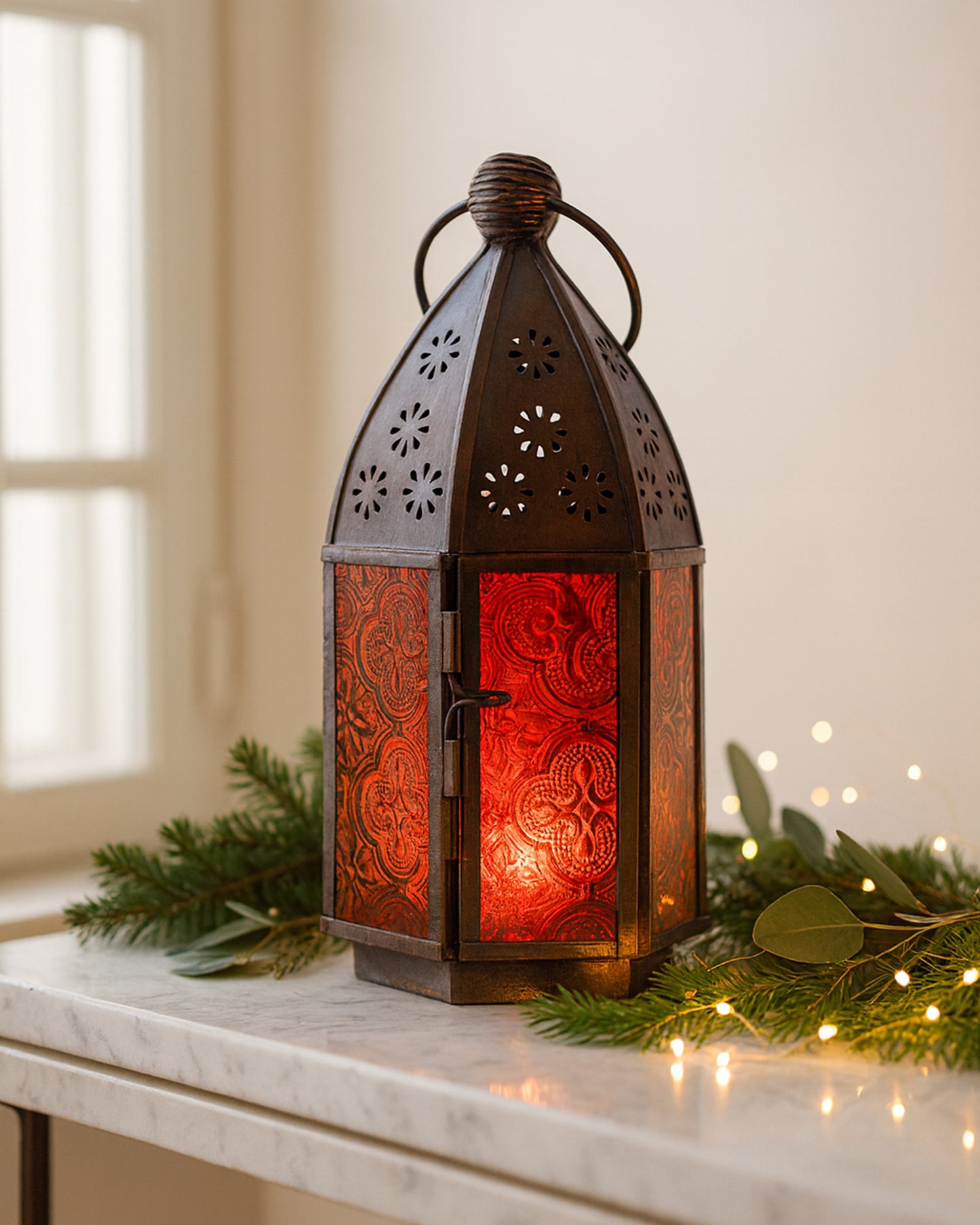 Metal Decorative Antique Copper Finish Moroccan Lantern Candle Holder, Set of 2, Tealight Hanging Home Office Decor