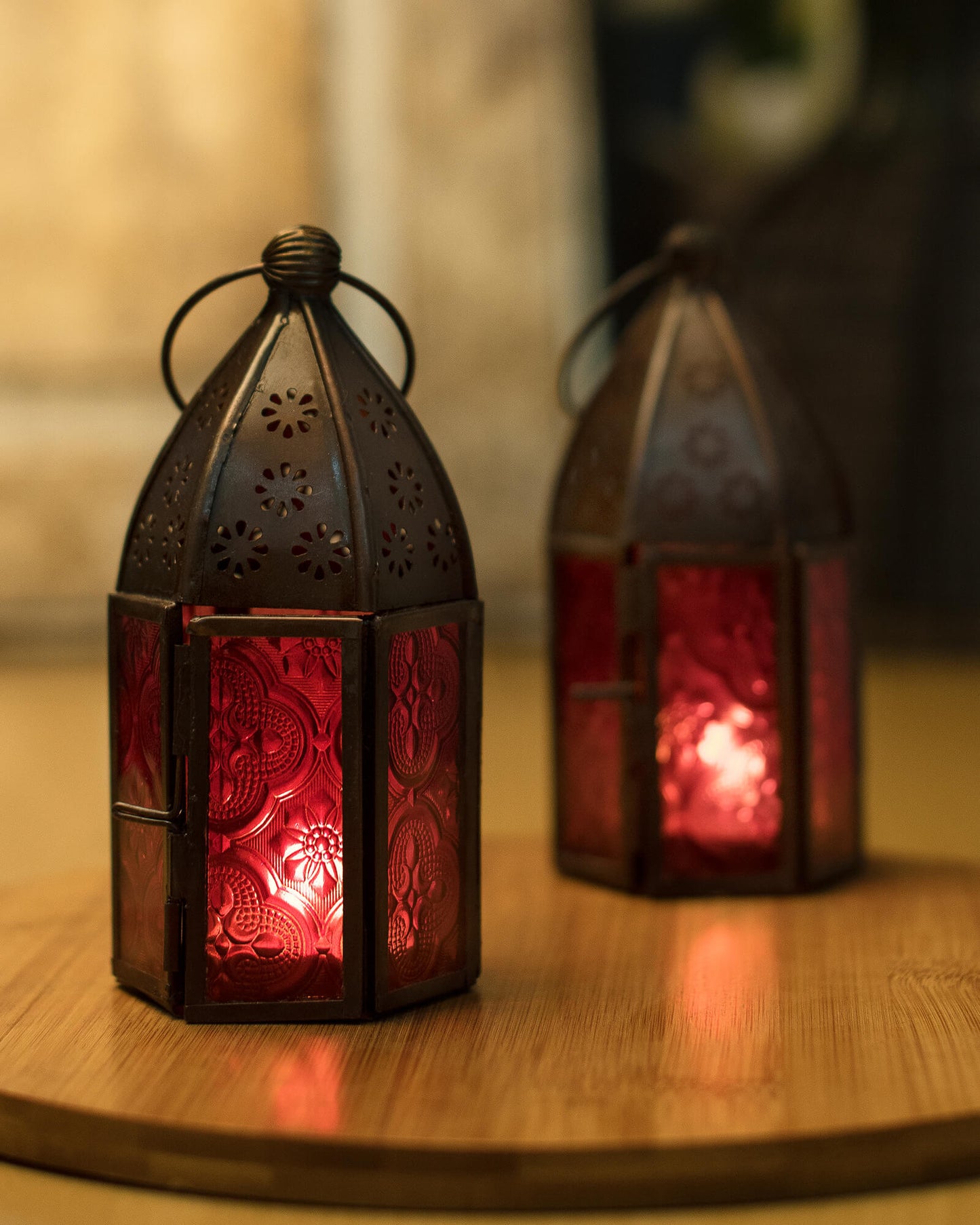 Metal Decorative Antique Copper Finish Moroccan Lantern Candle Holder, Set of 2, Tealight Hanging Home Office Decor
