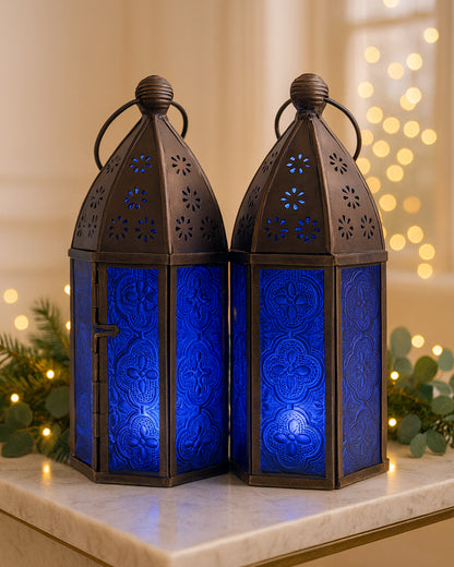 Metal Decorative Antique Copper Finish Moroccan Lantern Candle Holder, Set of 2, Tealight Hanging Home Office Decor