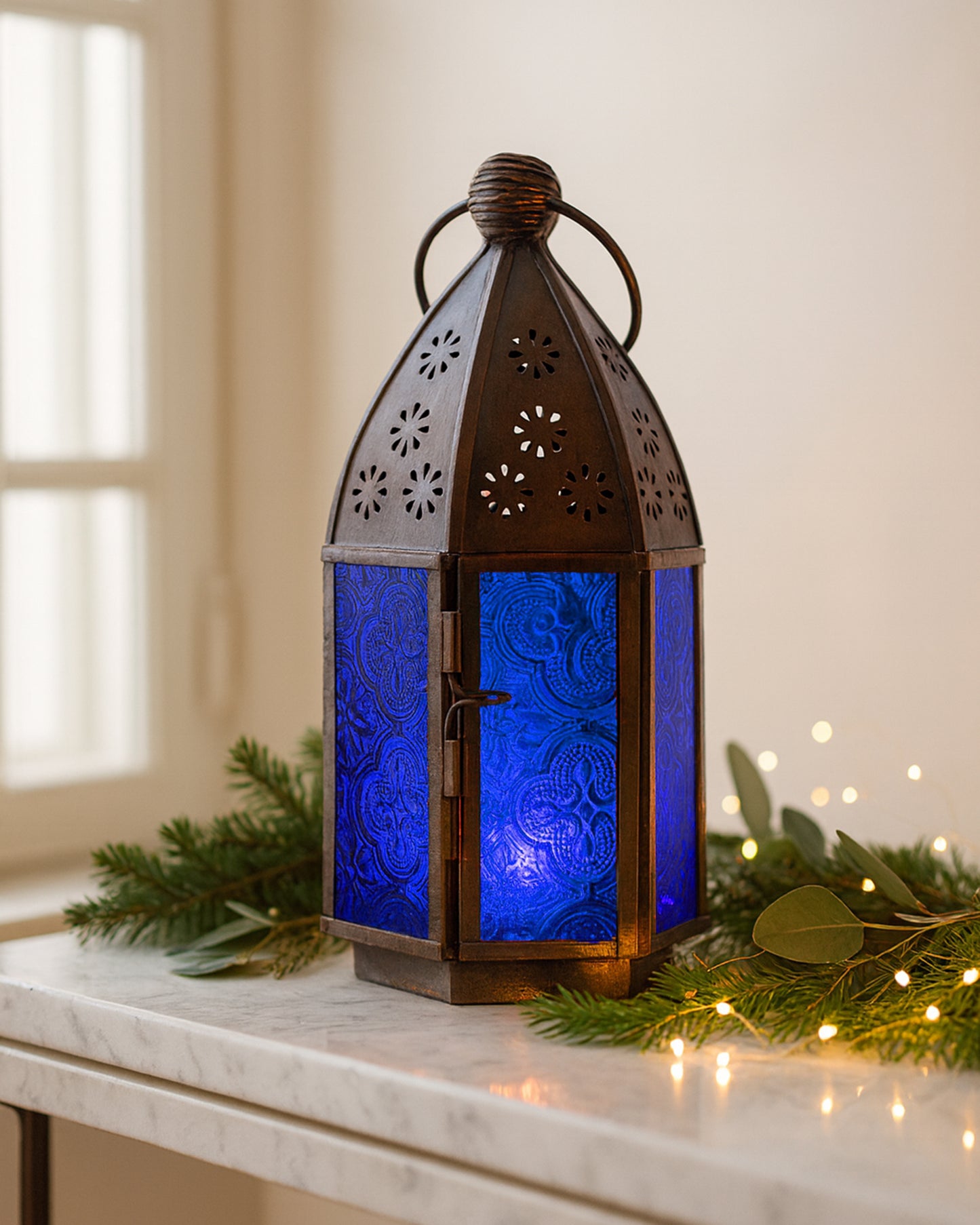 Metal Decorative Antique Copper Finish Moroccan Lantern Candle Holder, Set of 2, Tealight Hanging Home Office Decor