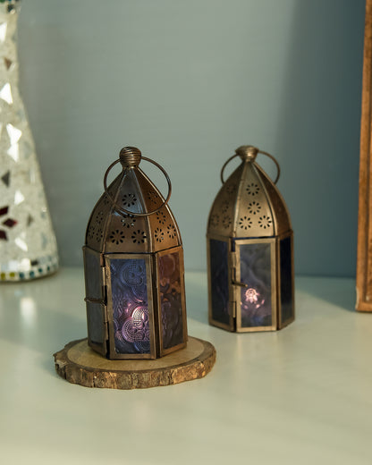 Metal Decorative Antique Copper Finish Moroccan Lantern Candle Holder, Set of 2, Tealight Hanging Home Office Decor