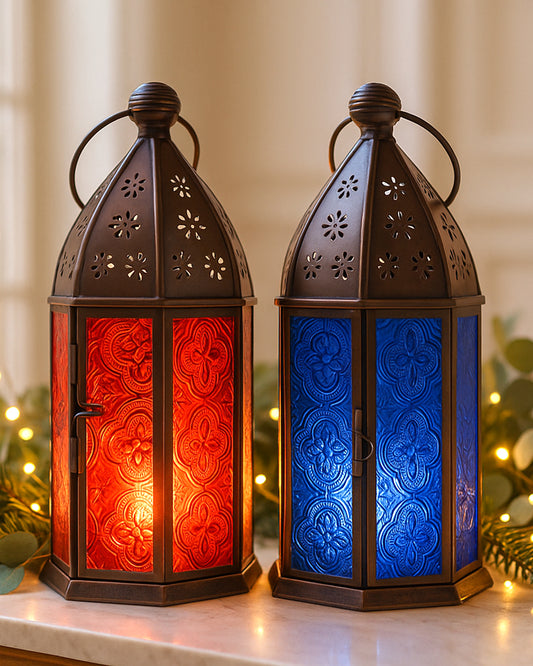 Metal Decorative Antique Copper Finish Moroccan Lantern Candle Holder, Set of 2, Tealight Hanging Home Office Decor