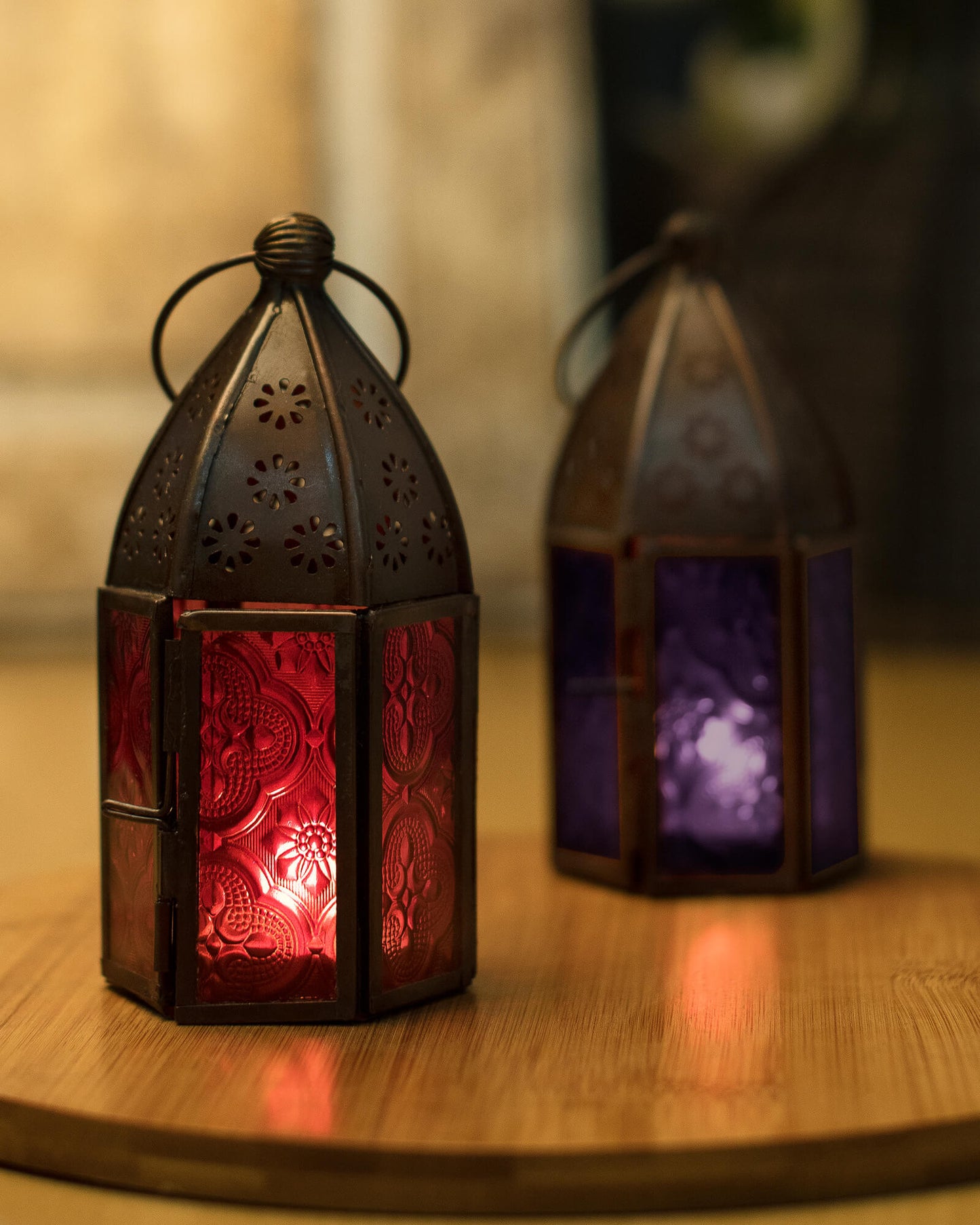 Metal Decorative Antique Copper Finish Moroccan Lantern Candle Holder, Set of 2, Tealight Hanging Home Office Decor