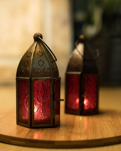 Metal Decorative Antique Brass Finish Moroccan Lantern Candle Holder, Set of 2, Tealight Hanging Home Office Decor