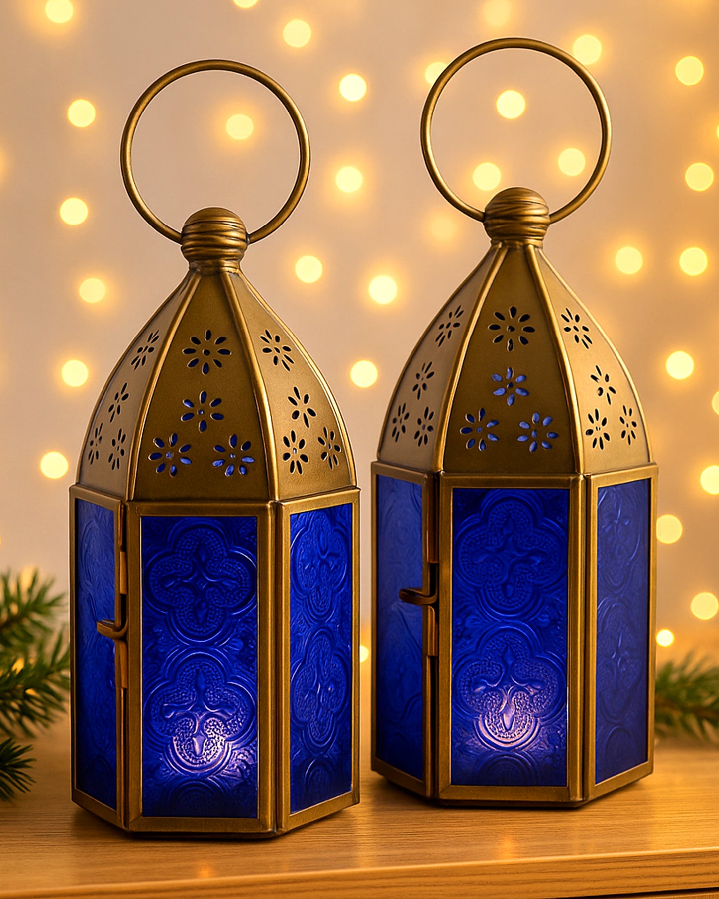 Metal Decorative Antique Brass Finish Moroccan Lantern Candle Holder, Set of 2, Tealight Hanging Home Office Decor