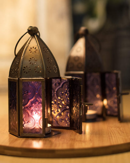 Metal Decorative Antique Brass Finish Moroccan Lantern Candle Holder, Set of 2, Tealight Hanging Home Office Decor
