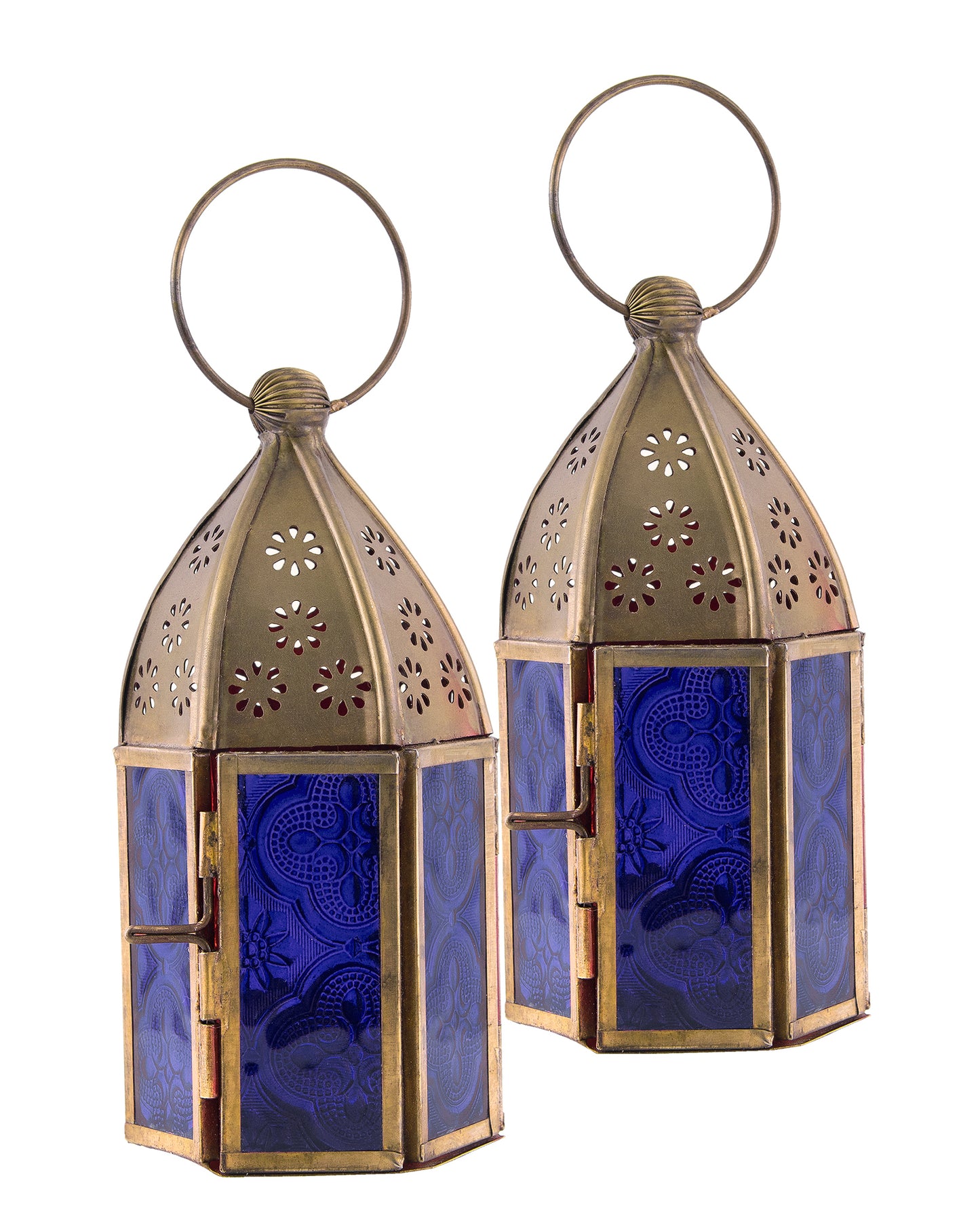 Metal Decorative Antique Brass Finish Moroccan Lantern Candle Holder, Set of 2, Tealight Hanging Home Office Decor