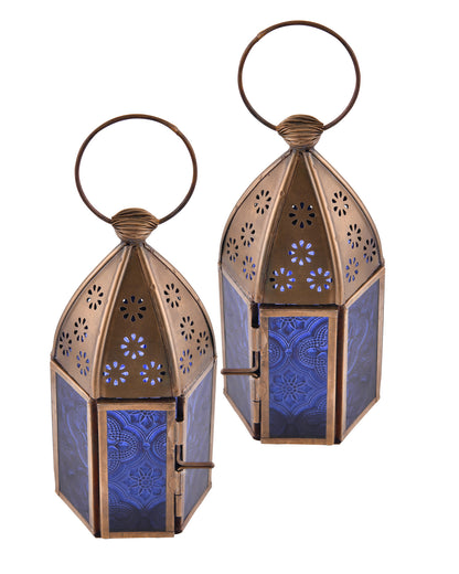 Metal Decorative Antique Brass Finish Moroccan Lantern Candle Holder, Set of 2, Tealight Hanging Home Office Decor