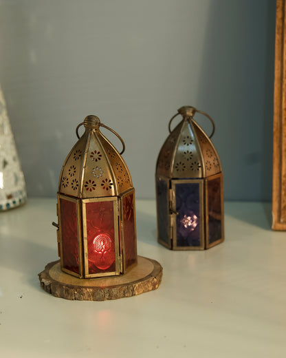 Metal Decorative Antique Brass Finish Moroccan Lantern Candle Holder, Set of 2, Tealight Hanging Home Office Decor