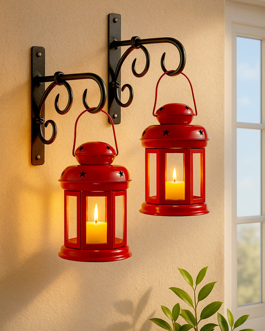 Wall Star Light Decorative Metal Lantern Indoor/Outdoor Hanging Lantern, Set of 2 Designer Candle Tealight Holder with Wall Hook