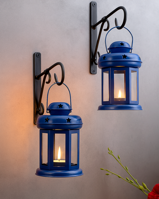 Wall Star Light Decorative Metal Lantern Indoor/Outdoor Hanging Lantern, Set of 2 Designer Candle Tealight Holder with Wall Hook