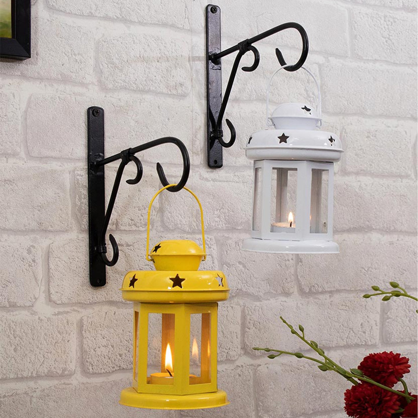 Wall Star Light Decorative Metal Lantern Indoor/Outdoor Hanging Lantern, Set of 2 Designer Candle Tealight Holder with Wall Hook