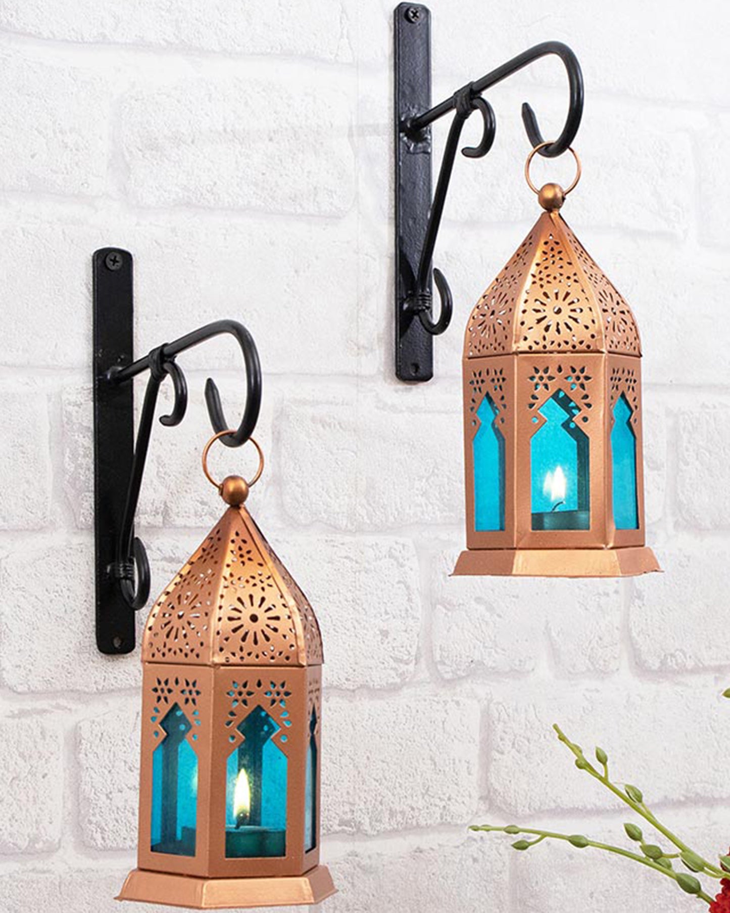 Wall Metal Decorative Antique Copper Finish Moroccan Lantern Candle Holder, Set of 2, Tealight Hanging Home Office Decor with Wall Hook
