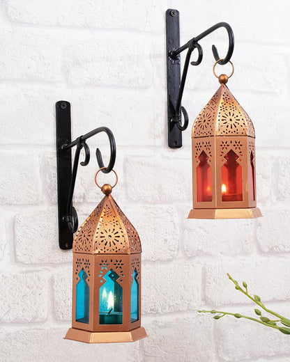 Wall Metal Decorative Antique Copper Finish Moroccan Lantern Candle Holder, Set of 2, Tealight Hanging Home Office Decor with Wall Hook