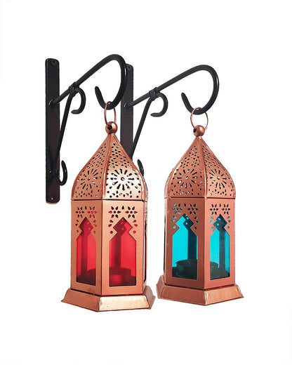 Wall Metal Decorative Antique Copper Finish Moroccan Lantern Candle Holder, Set of 2, Tealight Hanging Home Office Decor with Wall Hook