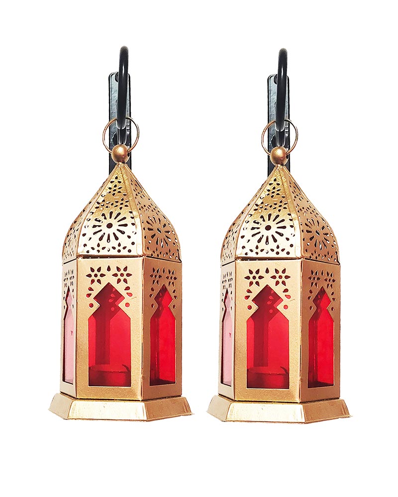 Wall Metal Decorative Antique Brass Finish Moroccan Lantern Candle Holder, Set of 2, Tealight Hanging Home Office Decor with Wall Hook