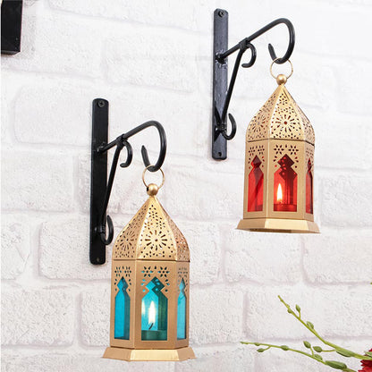 Wall Metal Decorative Antique Brass Finish Moroccan Lantern Candle Holder, Set of 2, Tealight Hanging Home Office Decor with Wall Hook