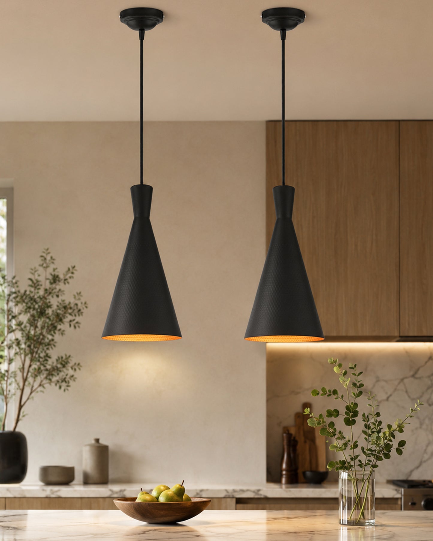 Homesake® Modern Black Metal Pendant Lights - Industrial Style Hanging Cone Lamps for Living Room, Dining Room, Kitchen, Adjustable Cord, LED Compatible, Trendy Home Decor Lighting Fixtures - Set of 2