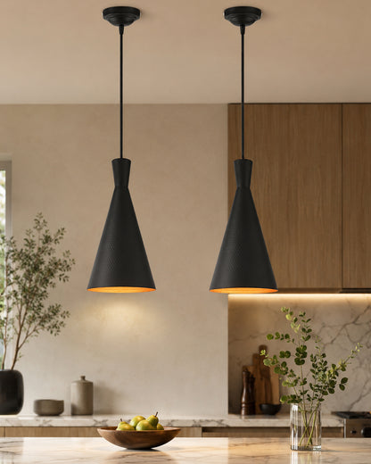 Homesake® Modern Black Metal Pendant Lights - Industrial Style Hanging Cone Lamps for Living Room, Dining Room, Kitchen, Adjustable Cord, LED Compatible, Trendy Home Decor Lighting Fixtures - Set of 2