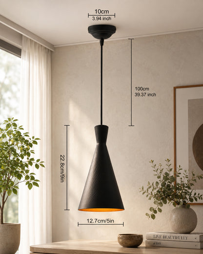 Homesake® Modern Black Metal Pendant Lights - Industrial Style Hanging Cone Lamps for Living Room, Dining Room, Kitchen, Adjustable Cord, LED Compatible, Trendy Home Decor Lighting Fixtures - Set of 2
