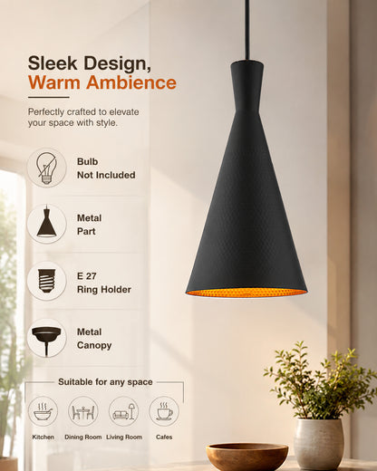 Homesake® Modern Black Metal Pendant Lights - Industrial Style Hanging Cone Lamps for Living Room, Dining Room, Kitchen, Adjustable Cord, LED Compatible, Trendy Home Decor Lighting Fixtures - Set of 2