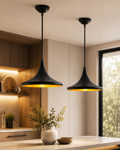 Homesake® E26/E27 Single Head Metal Danish Shade Pendant Vintage Hanging Ceiling Light, Black Set of 2
