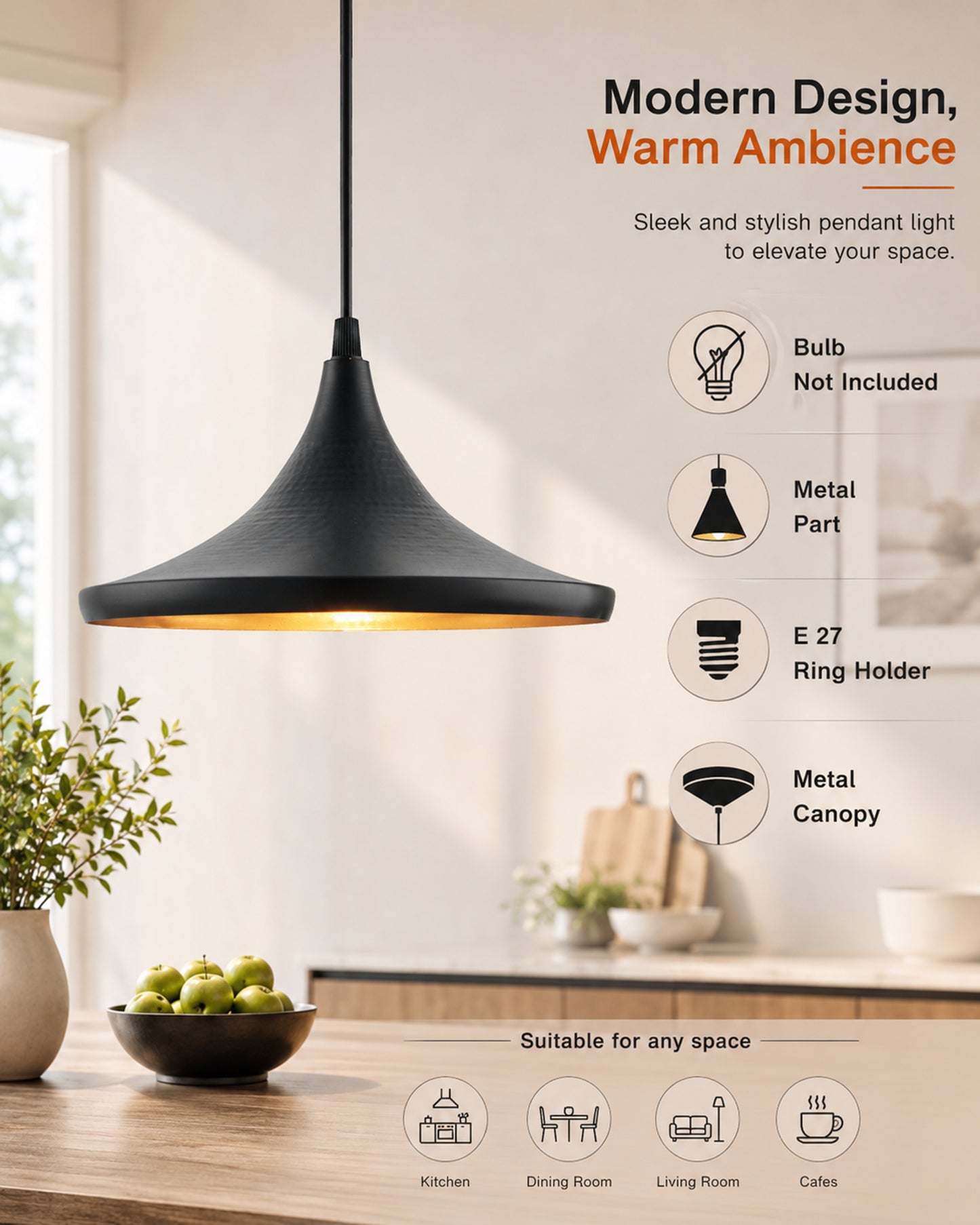 Homesake® E26/E27 Single Head Metal Danish Shade Pendant Vintage Hanging Ceiling Light, Black Set of 2