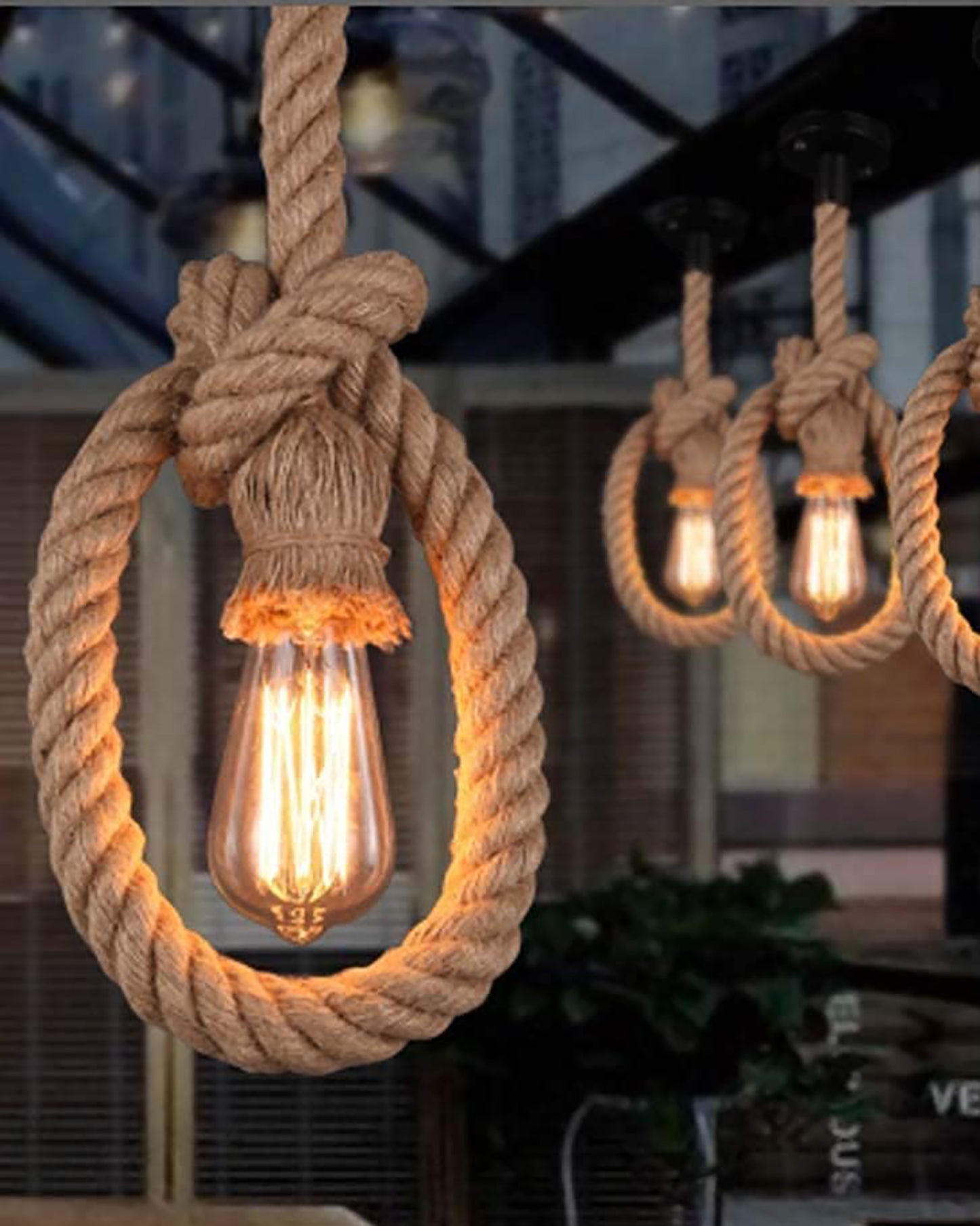 Edison lamp Rustic Rope hanging/pendant Vintage industrial loft, E27 Holder, Decorative cieling light, Beige color. 1.2 Meter (bulb not included), Set of 4