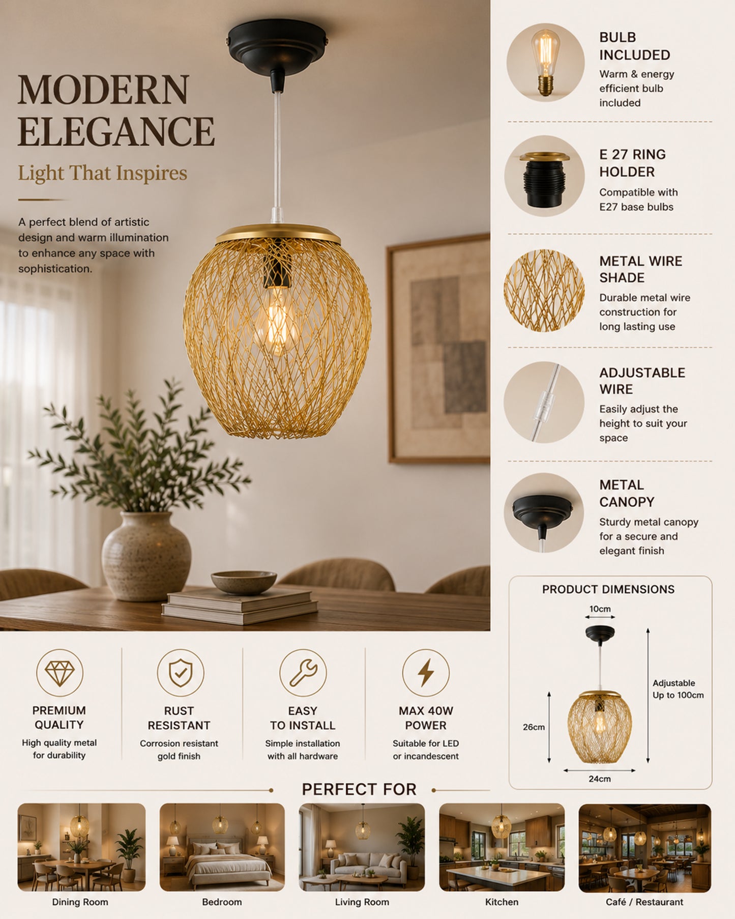 Hanging Golden Steel Wire Mesh Pendant, hanging light, lamp