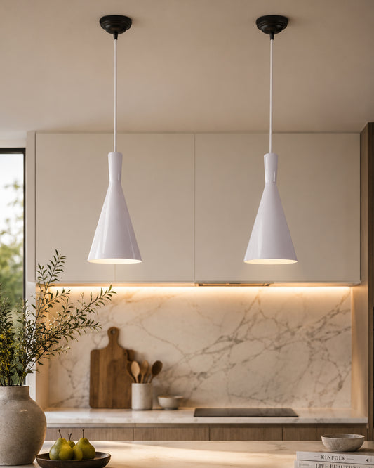E26/E27 Single Head Metal Shade Pendant Vintage Hanging Ceiling Light, White Set of 2