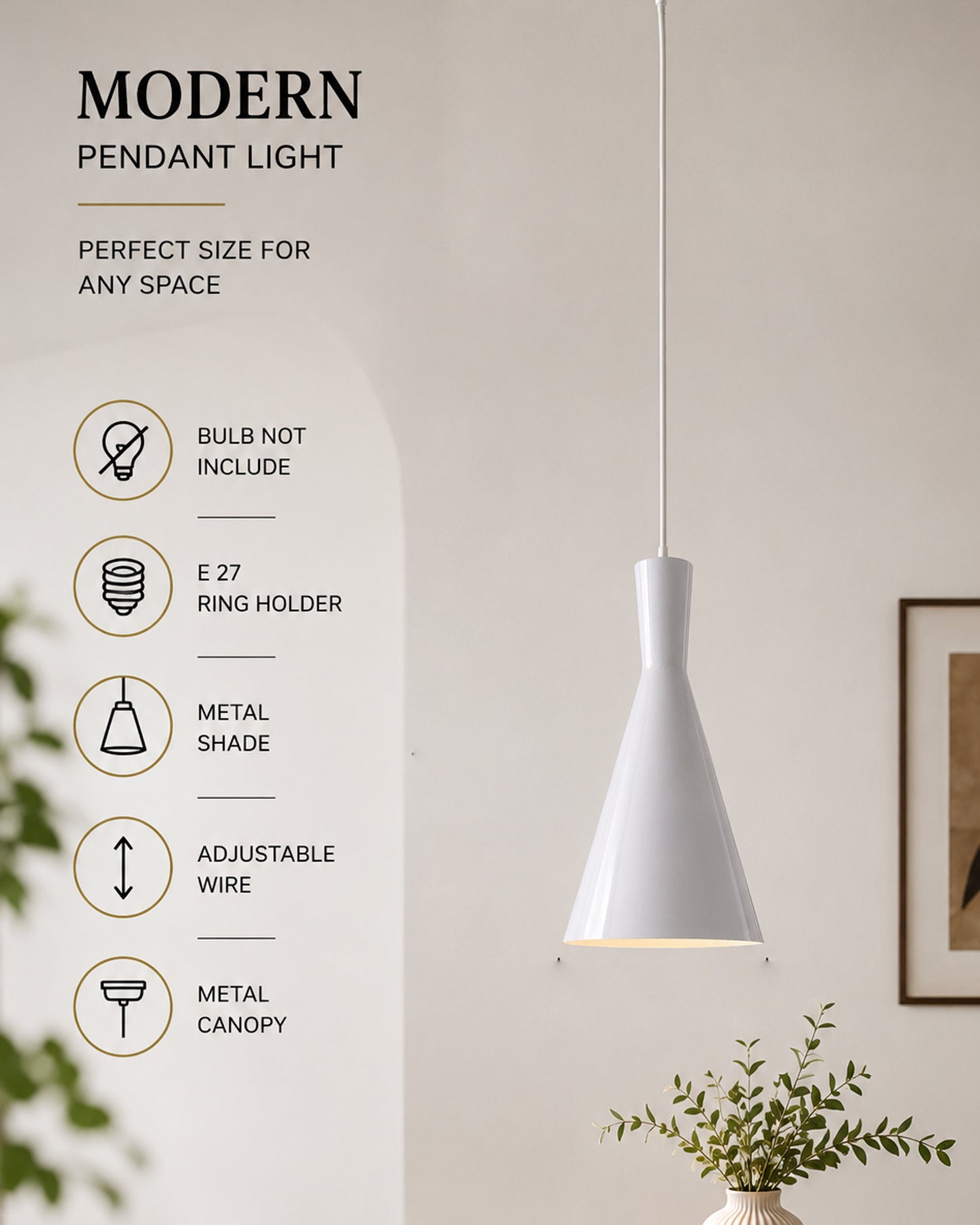 E26/E27 Single Head Metal Shade Pendant Vintage Hanging Ceiling Light, White Set of 2