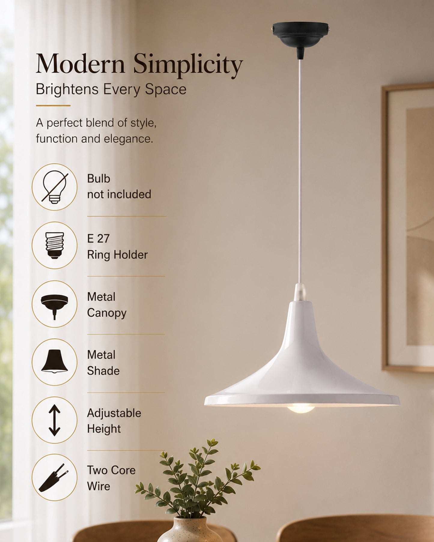 E26/E27 Single Head Metal Shade Pendant Vintage Hanging Ceiling Light, White Set of 2