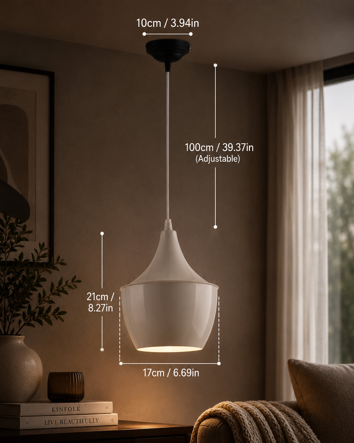 E26/E27 Single Head Metal Shade Pendant Vintage Hanging Ceiling Light, White Set of 2
