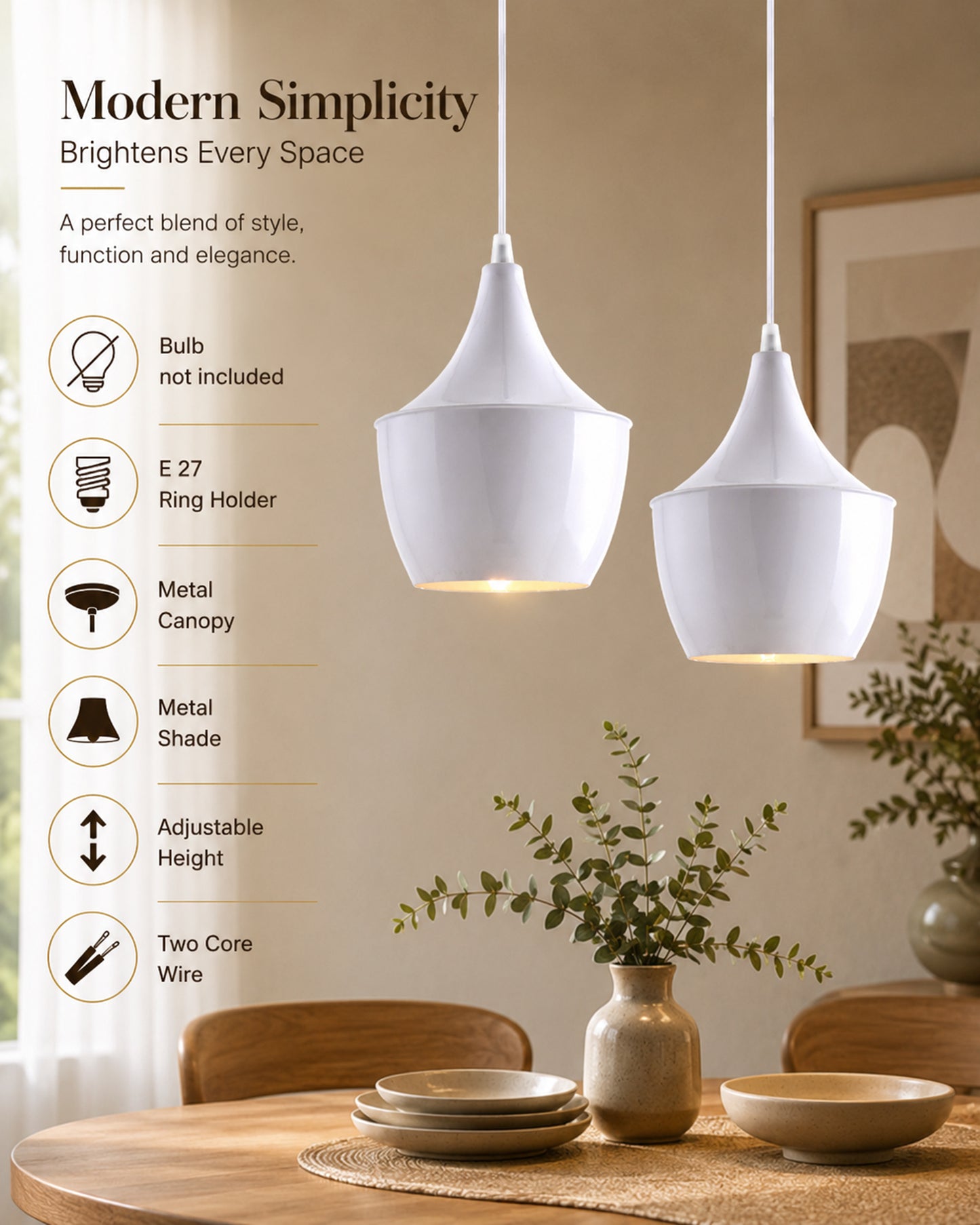 E26/E27 Single Head Metal Shade Pendant Vintage Hanging Ceiling Light, White Set of 2