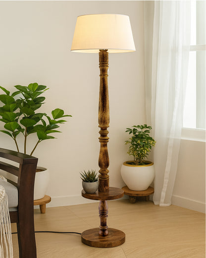 Classic Round Mabel Black Finish Wooden Floor Lamp with Khadi Shade