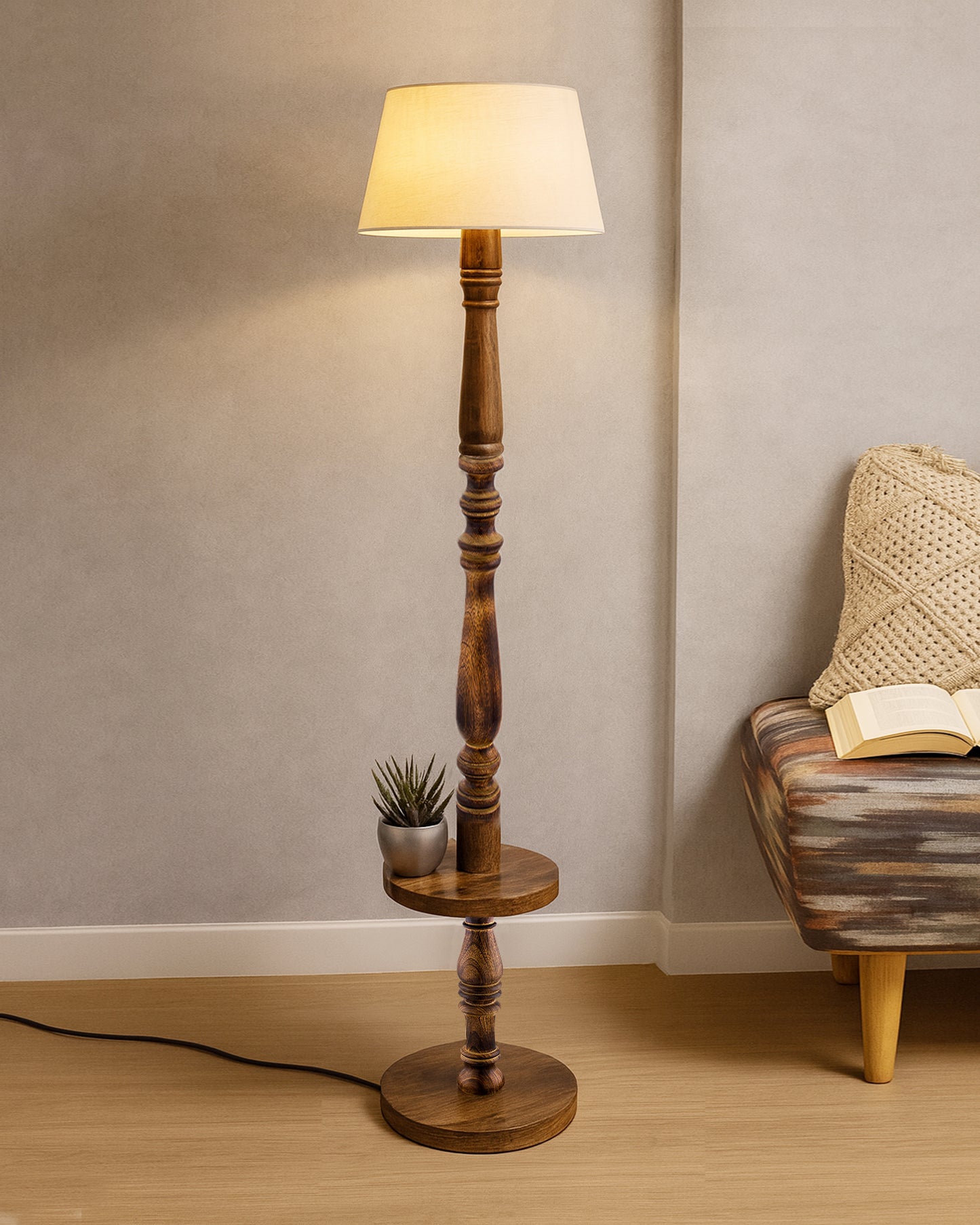 Classic Round Mabel Black Finish Wooden Floor Lamp with Khadi Shade
