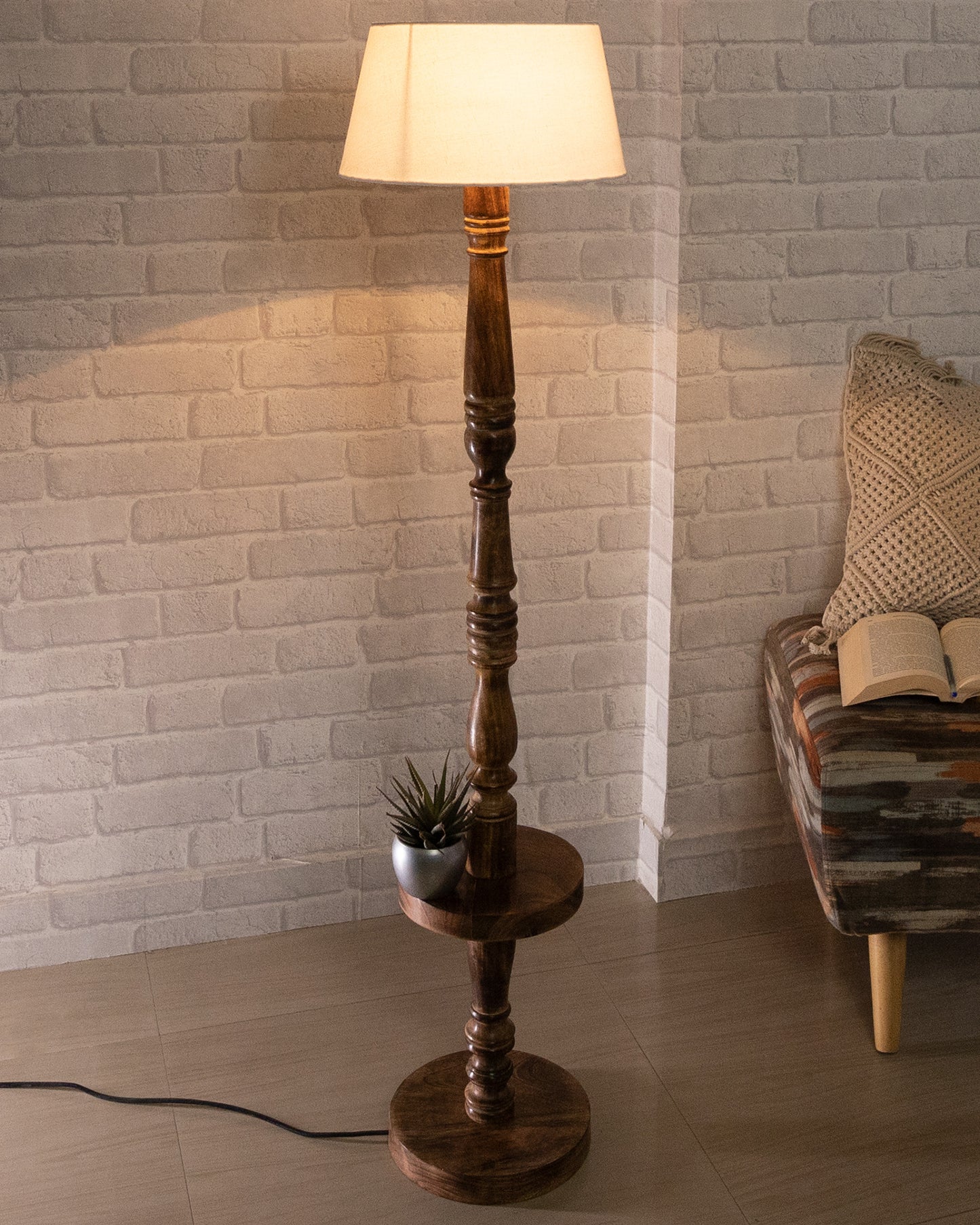 Classic Round Mabel Black Finish Wooden Floor Lamp with Khadi Shade