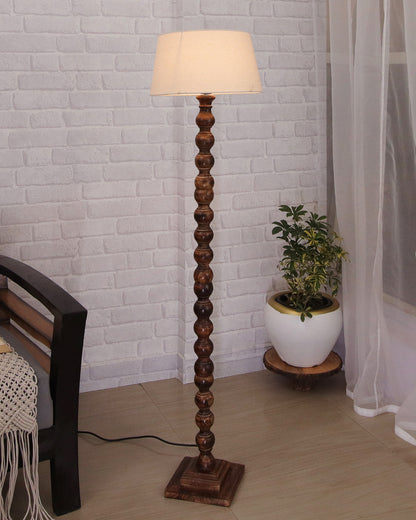 Classic Round Mabel Black Finish Wooden Floor Lamp with Khadi Shade