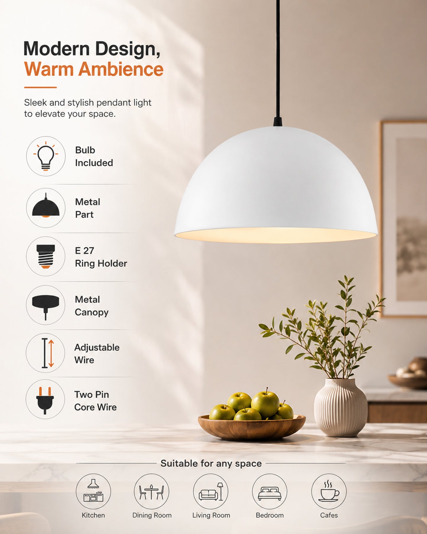 Metallic White Pendant Hanging Light, Hanging Lamp 14", Industrial E27 lamp