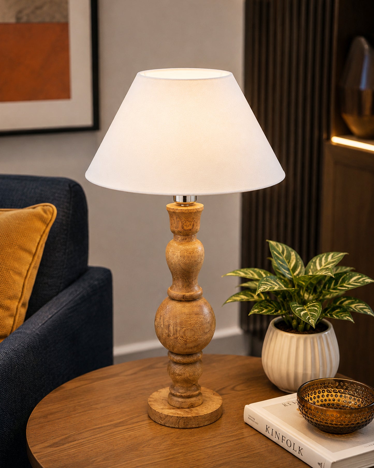 Hand Turned Wood Bubble Bedside Table Lamp, Cone Shade