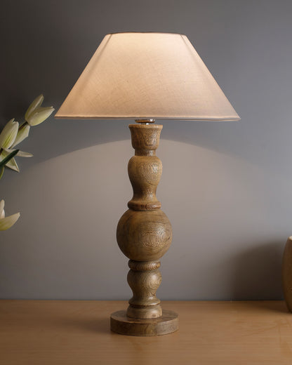 Hand Turned Wood Bubble Bedside Table Lamp, Cone Shade