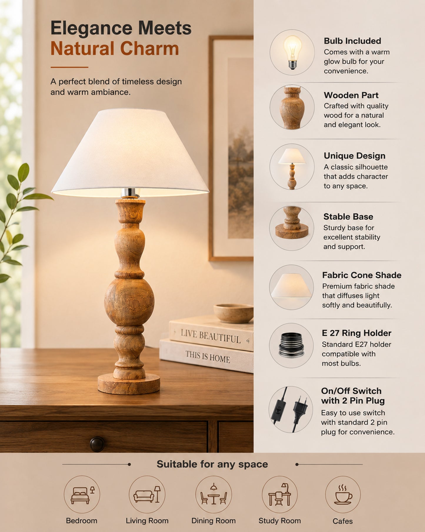Hand Turned Wood Bubble Bedside Table Lamp, Cone Shade