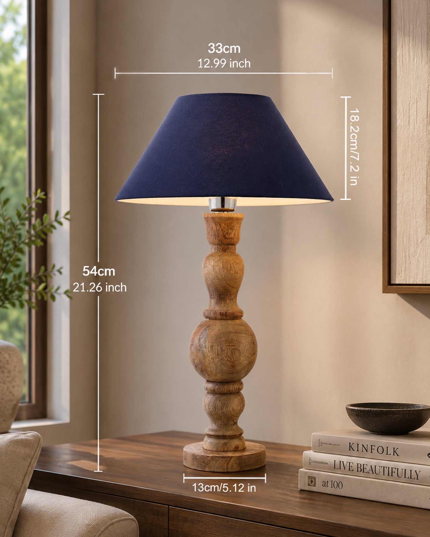Hand Turned Wood Bubble Bedside Table Lamp, Cone Shade